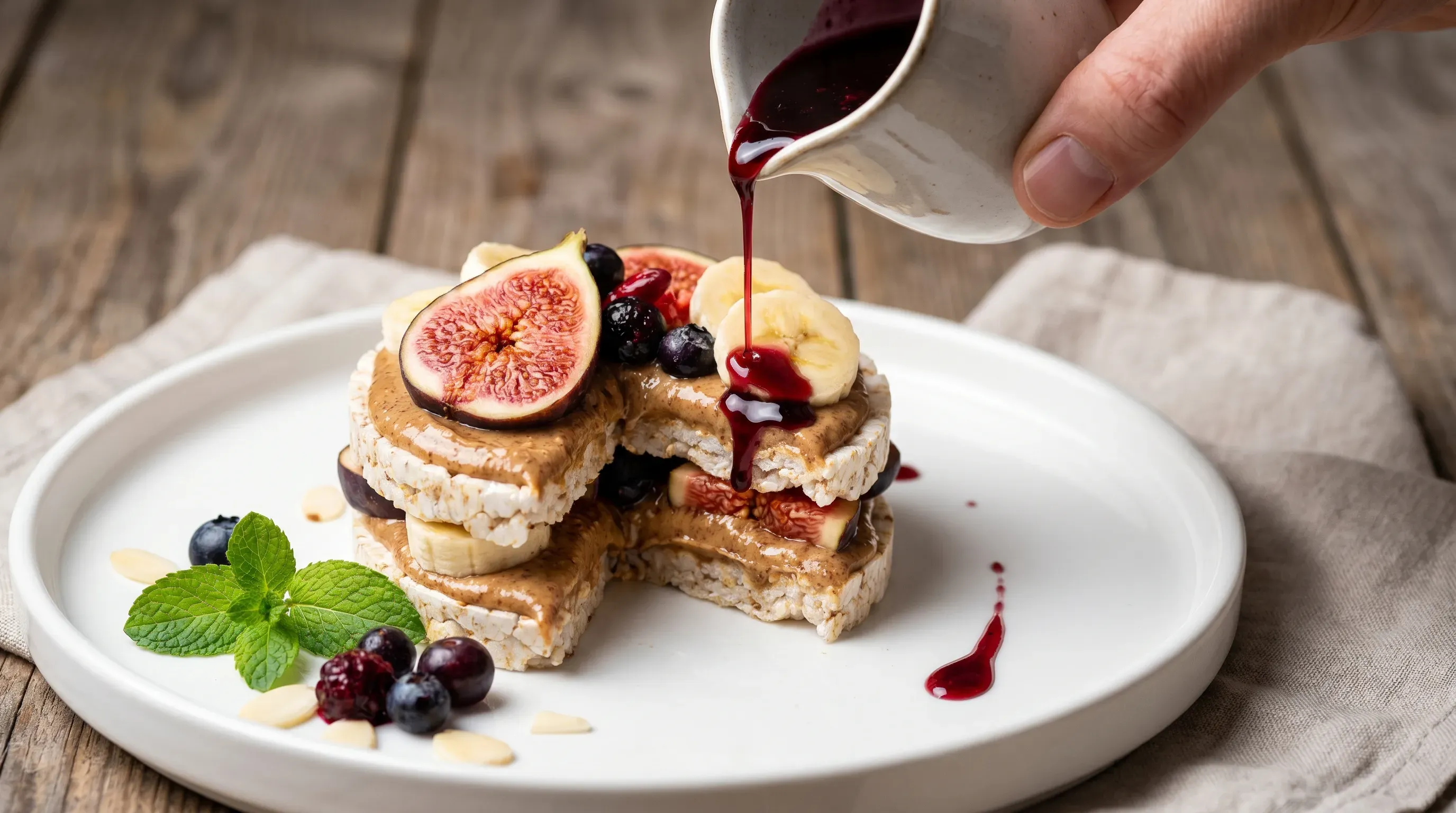 Reiswaffeln mit Mandelmus und Obst