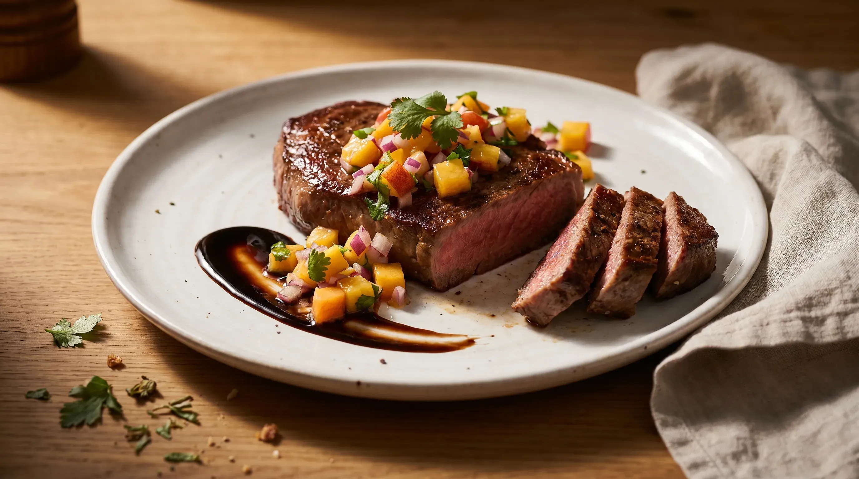 Rindersteaks und Pfirsich-Salsa