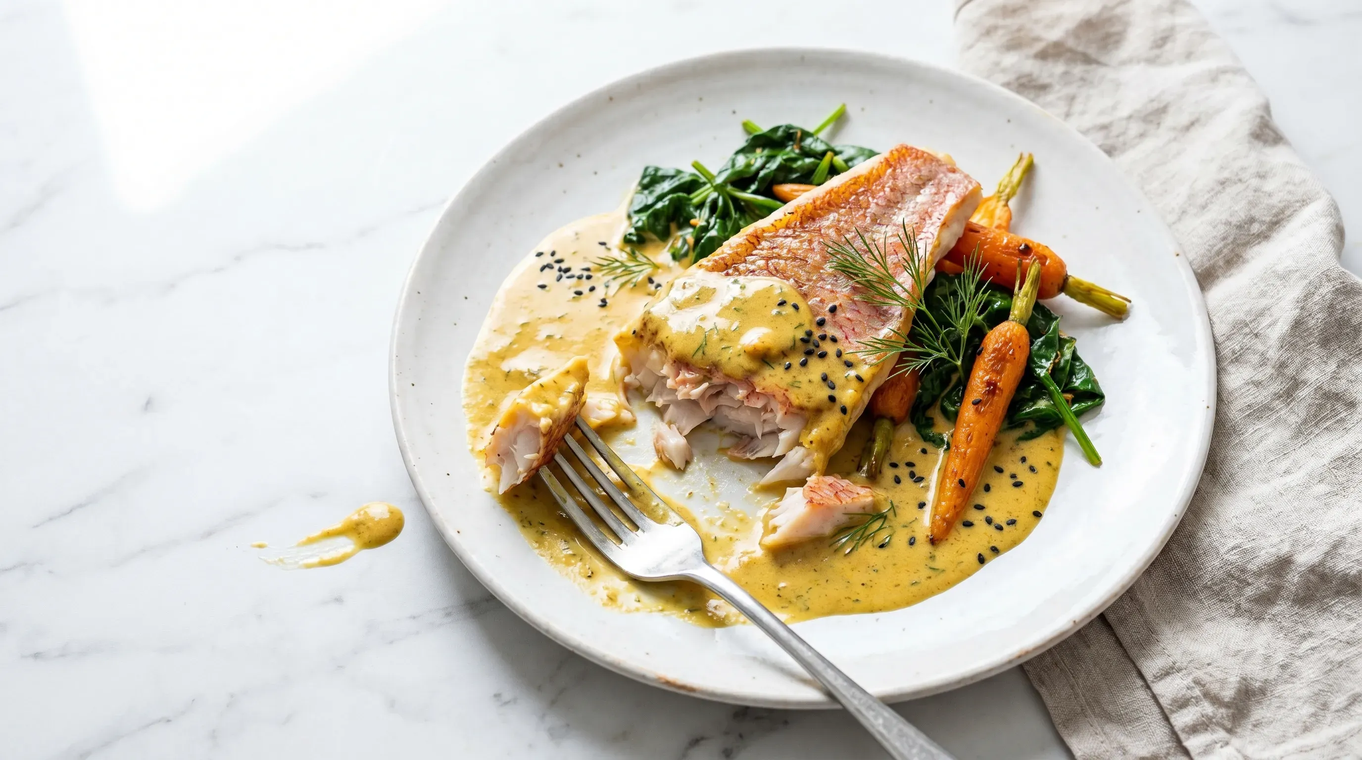 Rotbarsch in sahniger Curry-Dill-Honig-Sauce