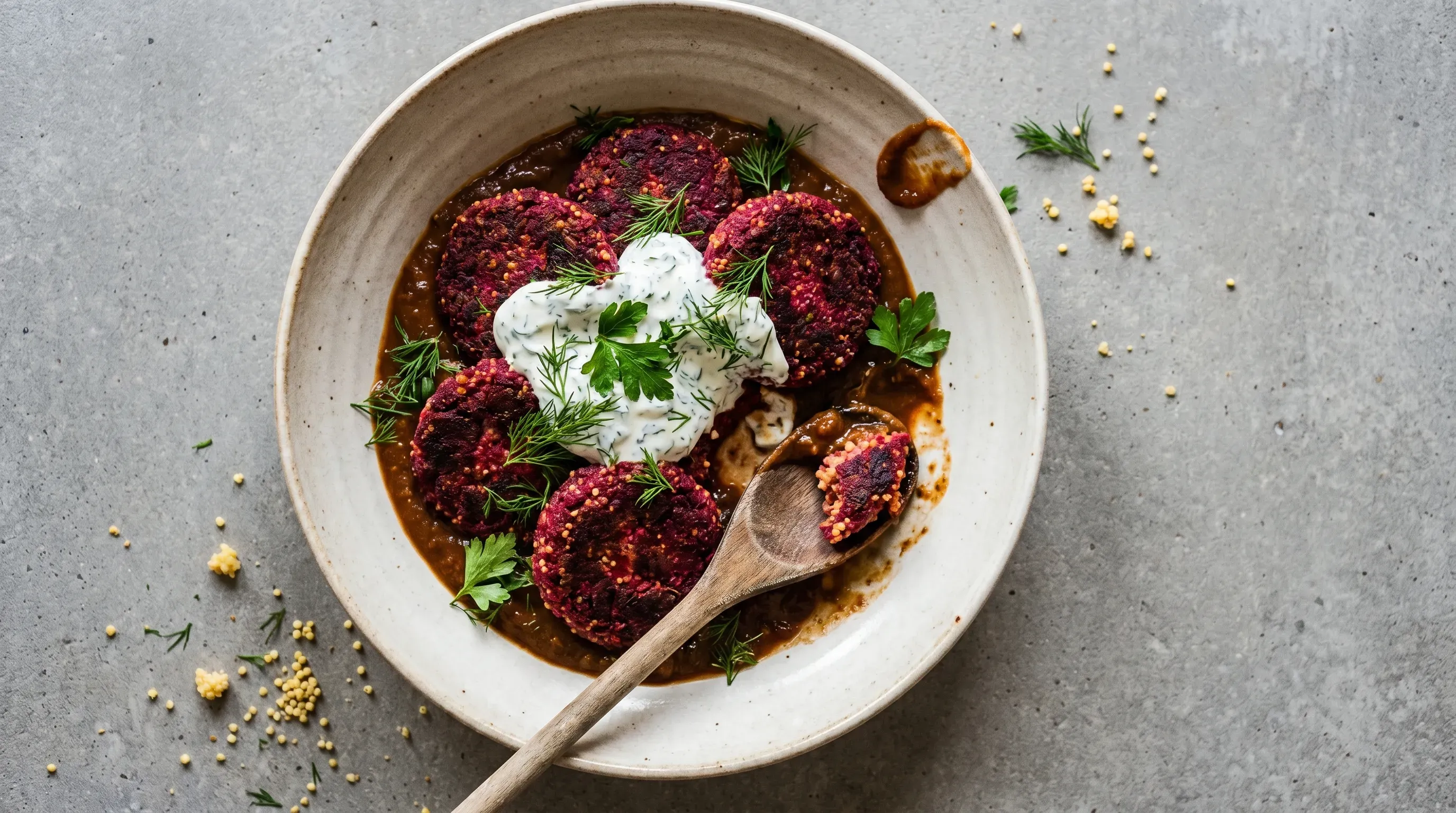Rote-Bete-Hirse-Bratlinge mit Kräuterjoghurt