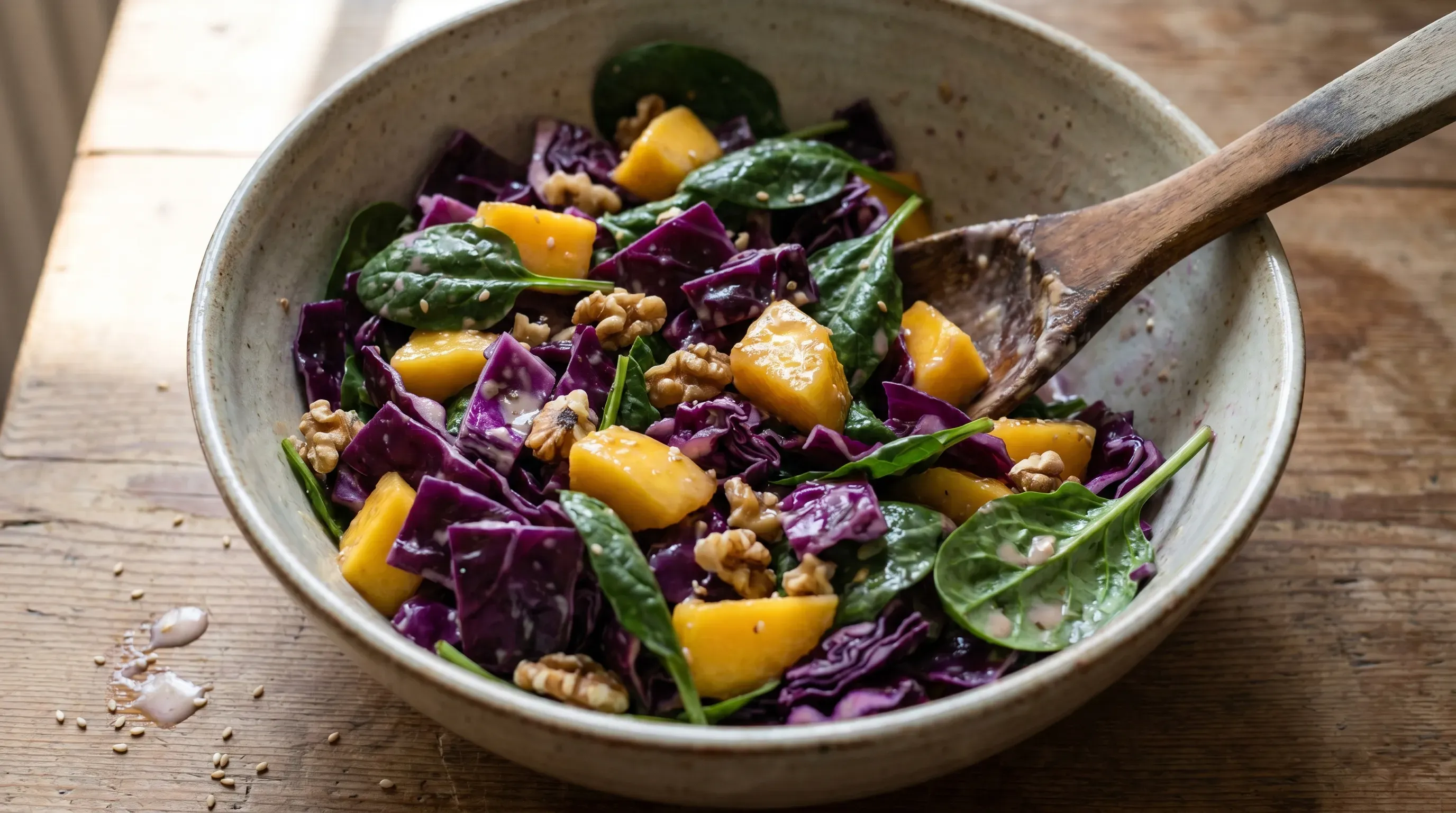 Rotkohl Mango Spinat Salat