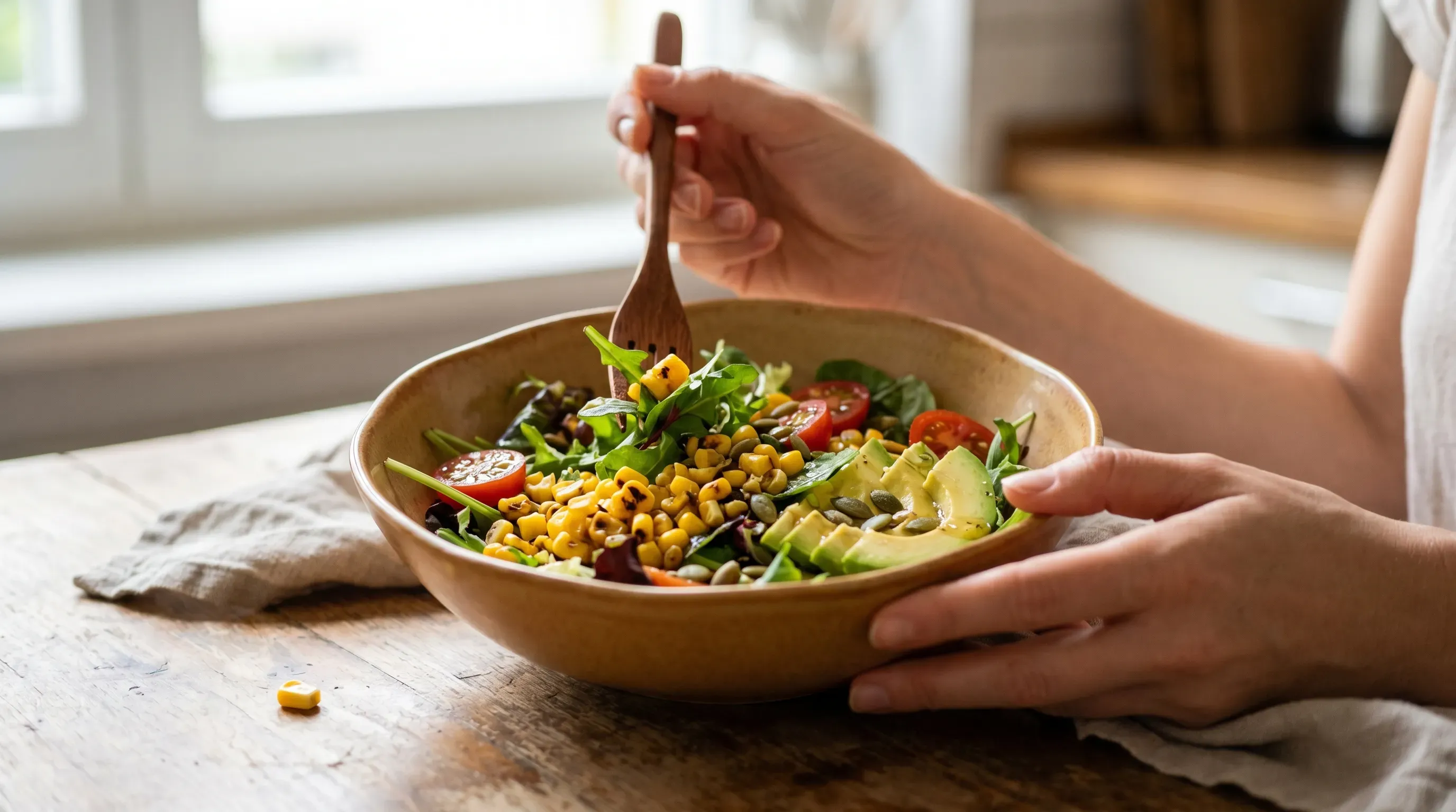 Saftiger grüner Salat mit geröstetem Mais