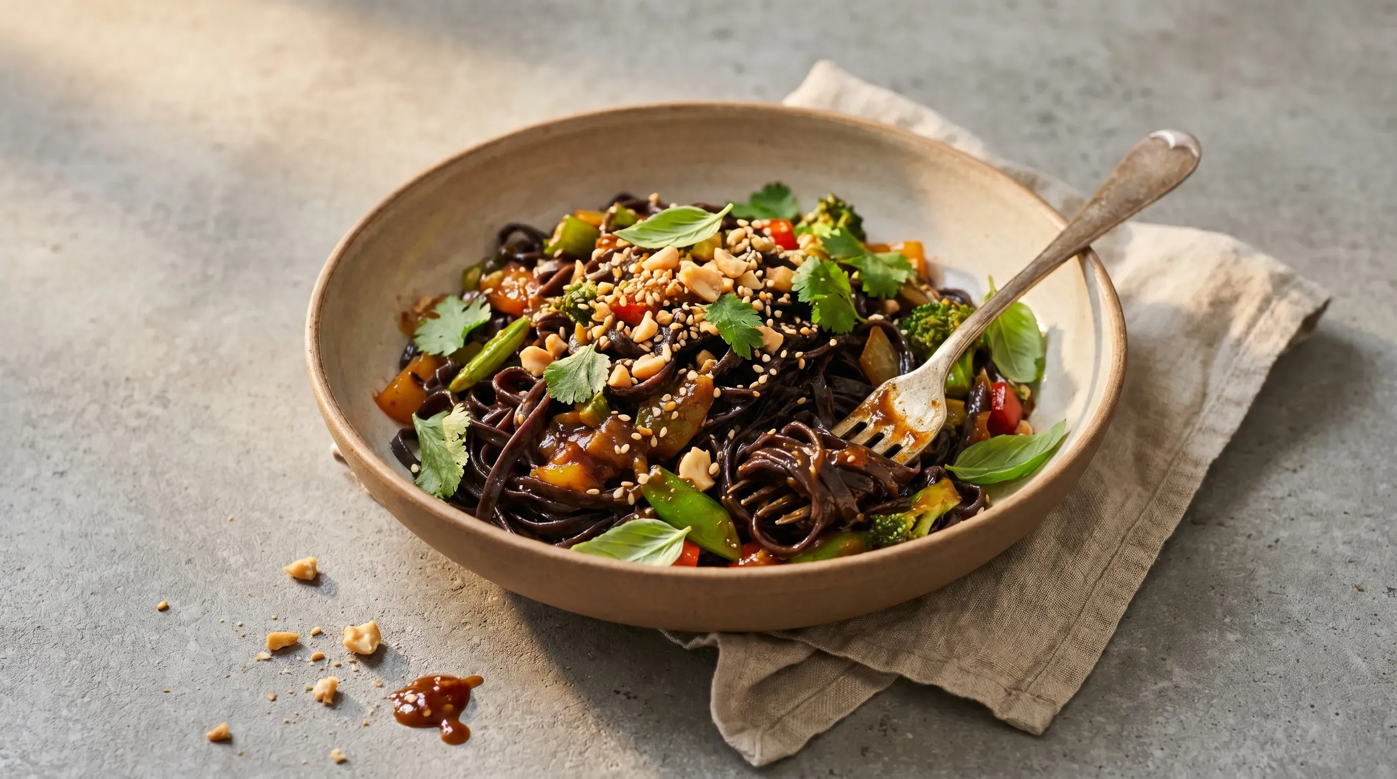 Schwarze Reisnudeln mit Wok-Gemüse