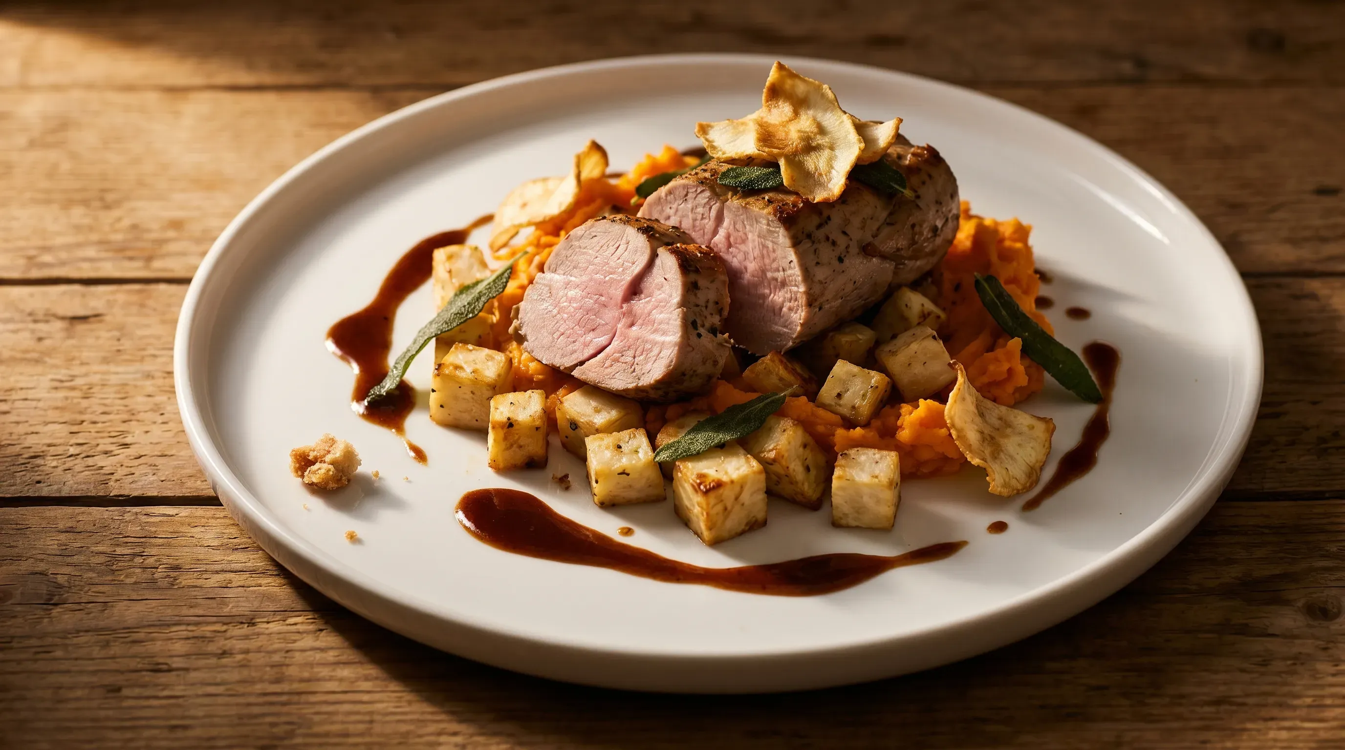 Schweinefilet mit Sellerie und Süßkartoffeln