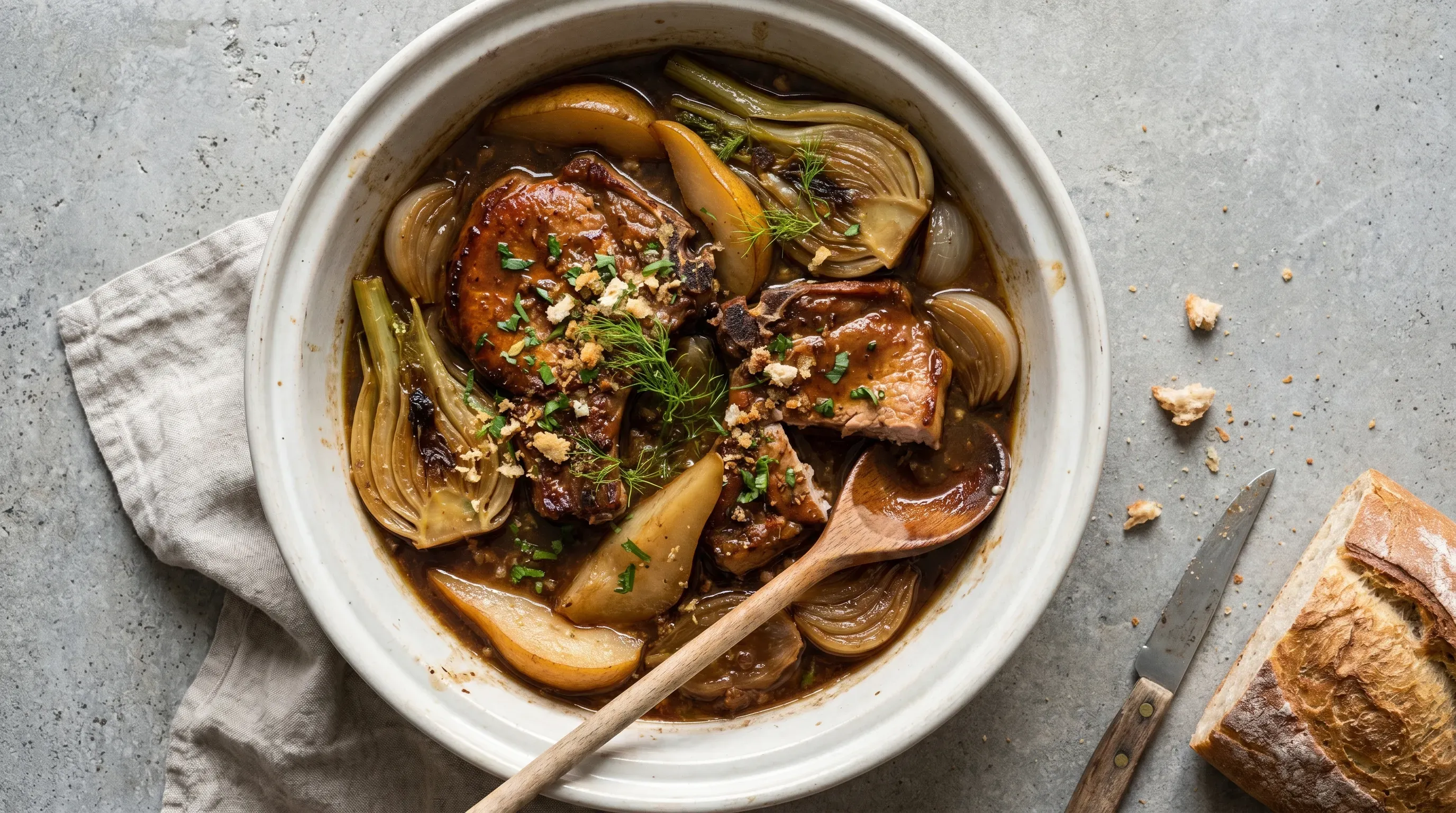 Schweinekotelett mit Fenchel, Zwiebel und Birne