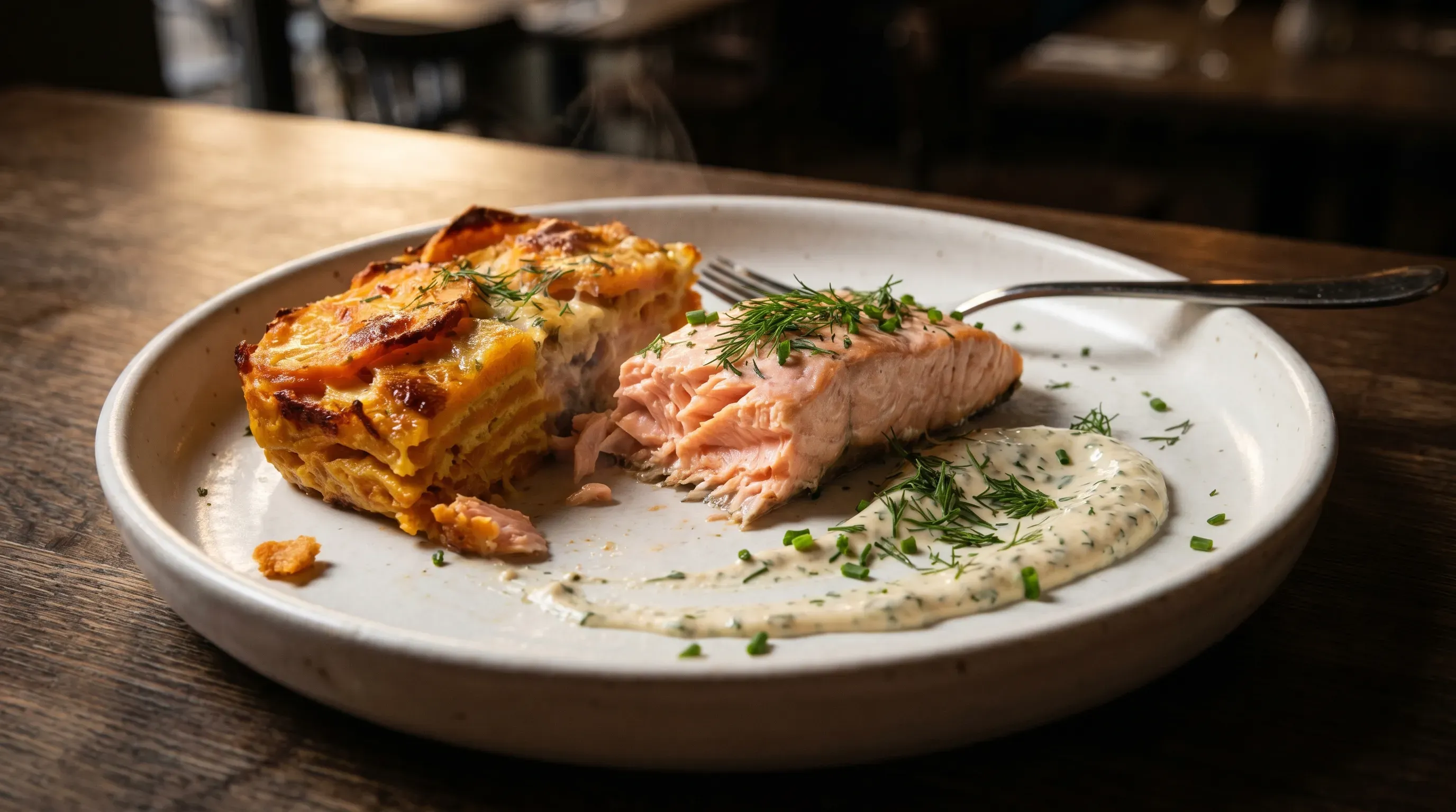 Seichtes Lachsfilet mit Süßkardoffelauflauf