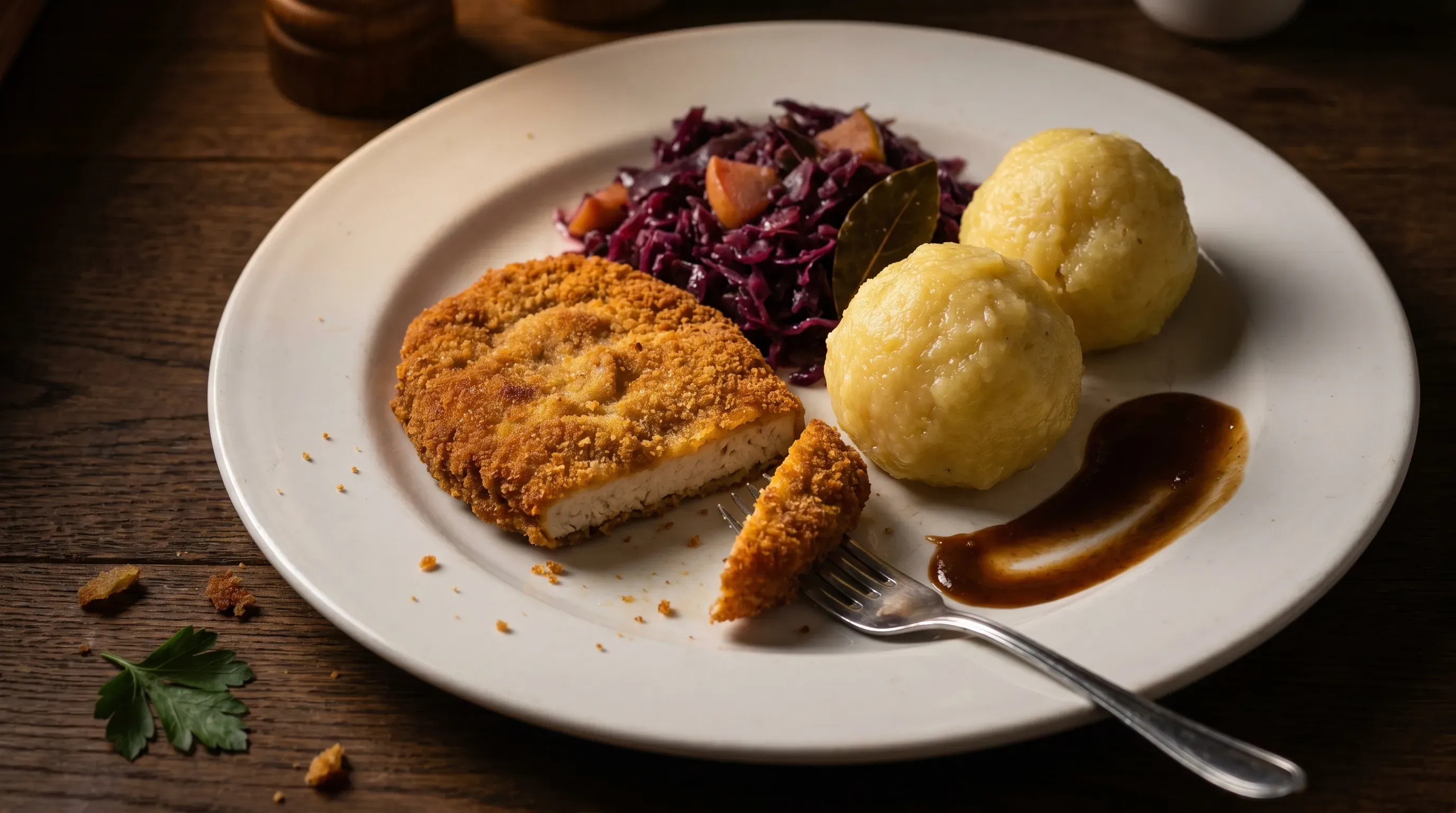 Sellerieschnitzel mit Kartoffelklößen und Rotkohl