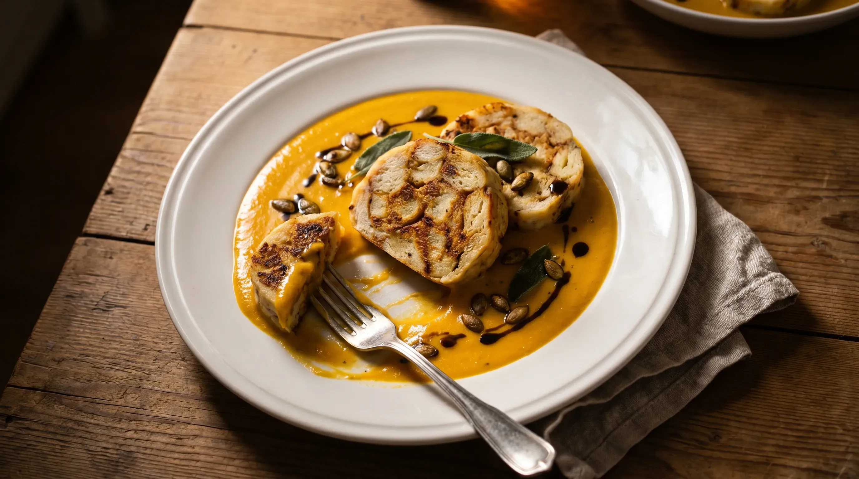 Serviettenknödel mit Kürbissahne-Sauce