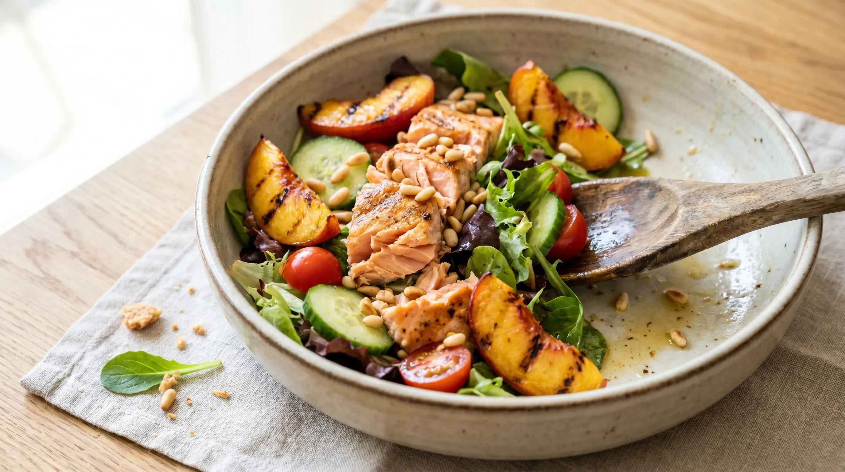Sommersalat mit Pfirsich & gegrilltem Lachs