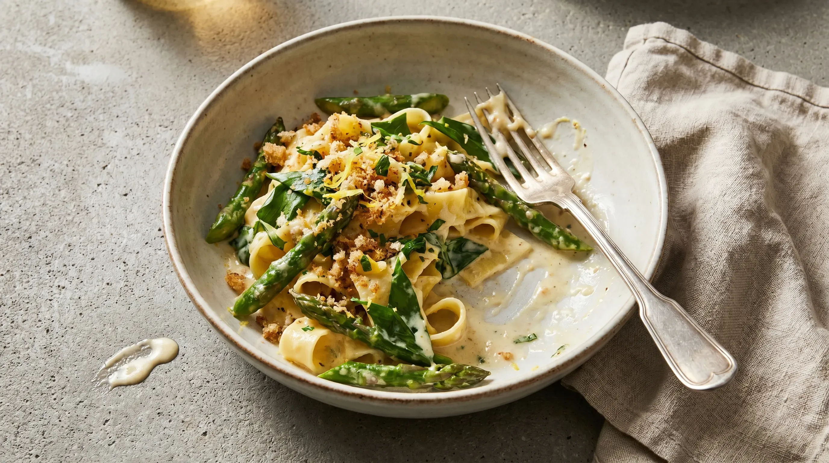 Spargel-Bärlauch-Pasta mit Knoblauch-Zitronen-Topping