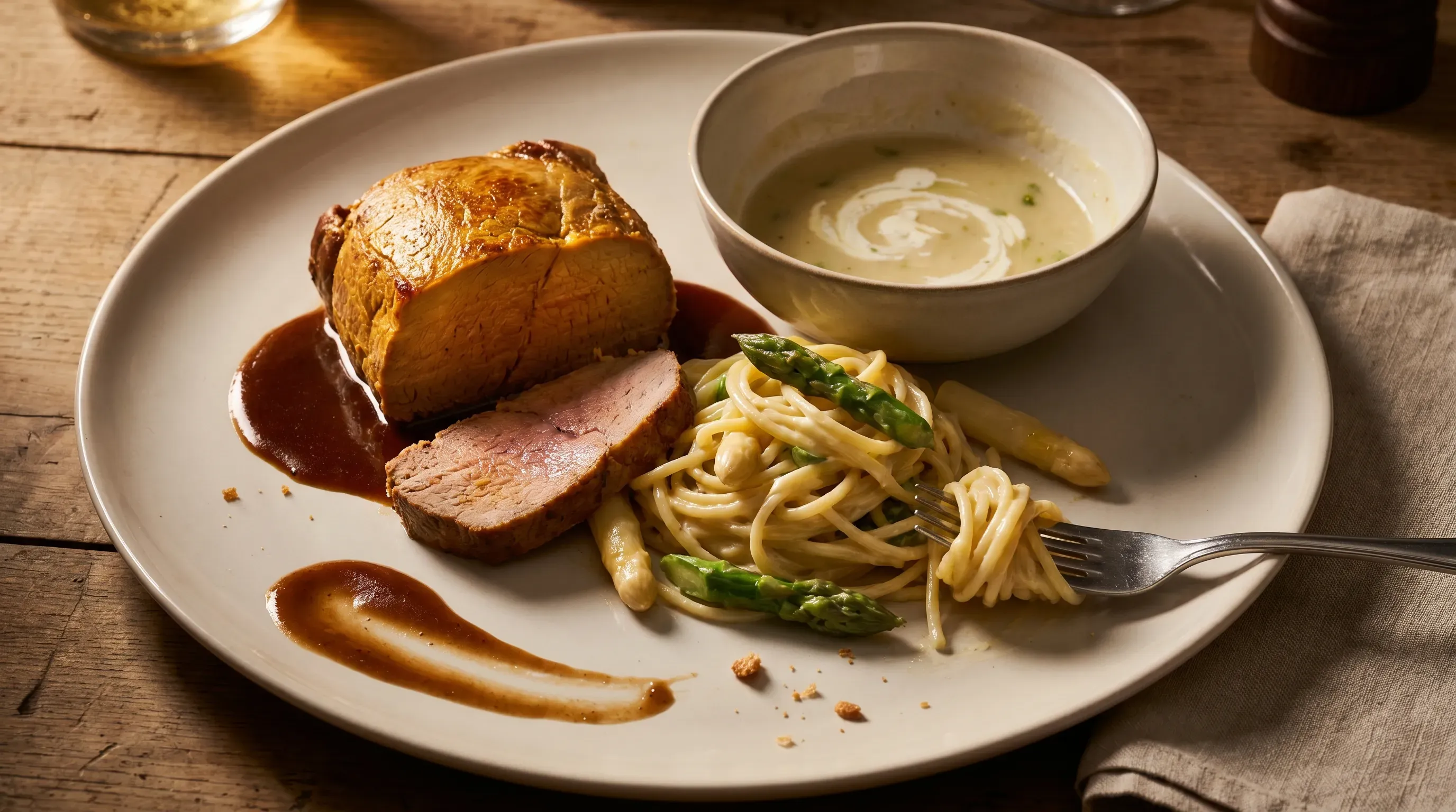 Spargelpasta, Spargelsuppe und Rinderbraten mit Grundsauce