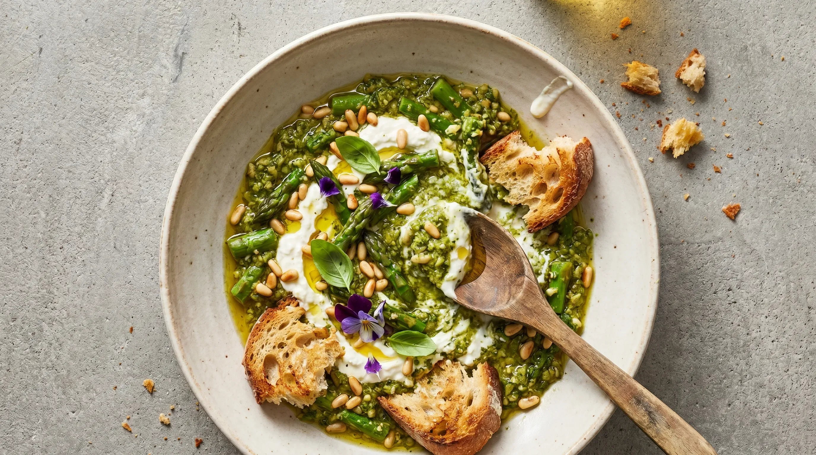 Spargelpesto mit Ziegenfetacreme und knusprigem Brot