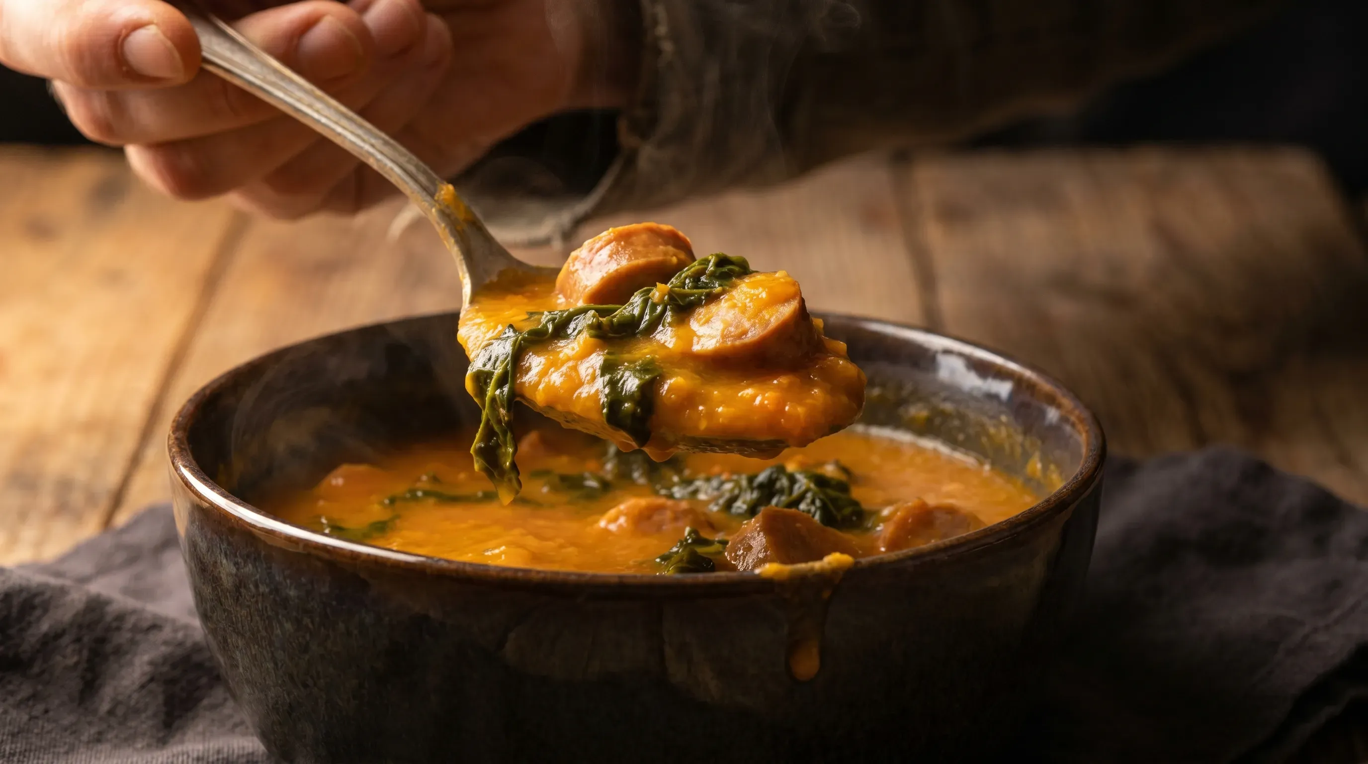 Süßkartoffelsuppe mit Geflügelwurst und Palmkohl