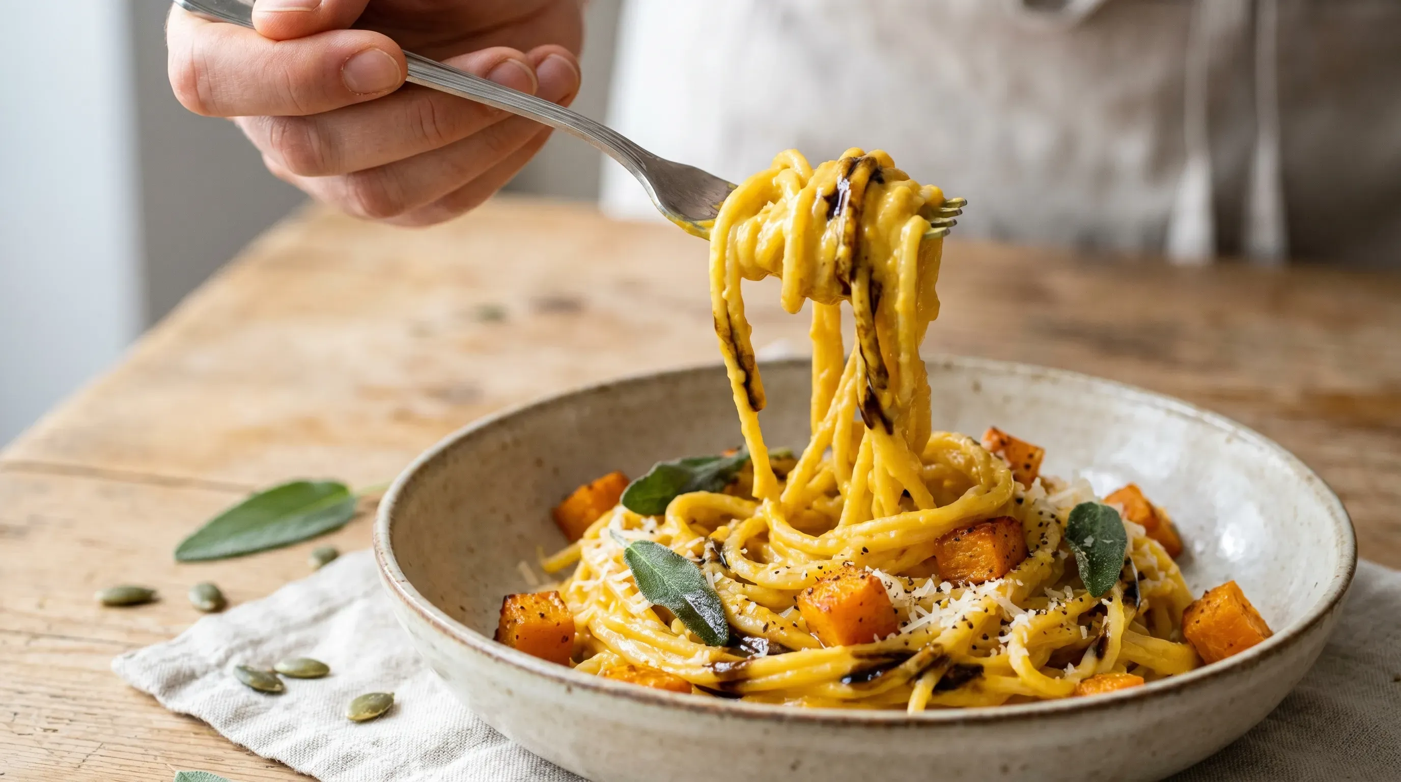 Super cremige Kürbis-Pasta mit Kürbiskernöl