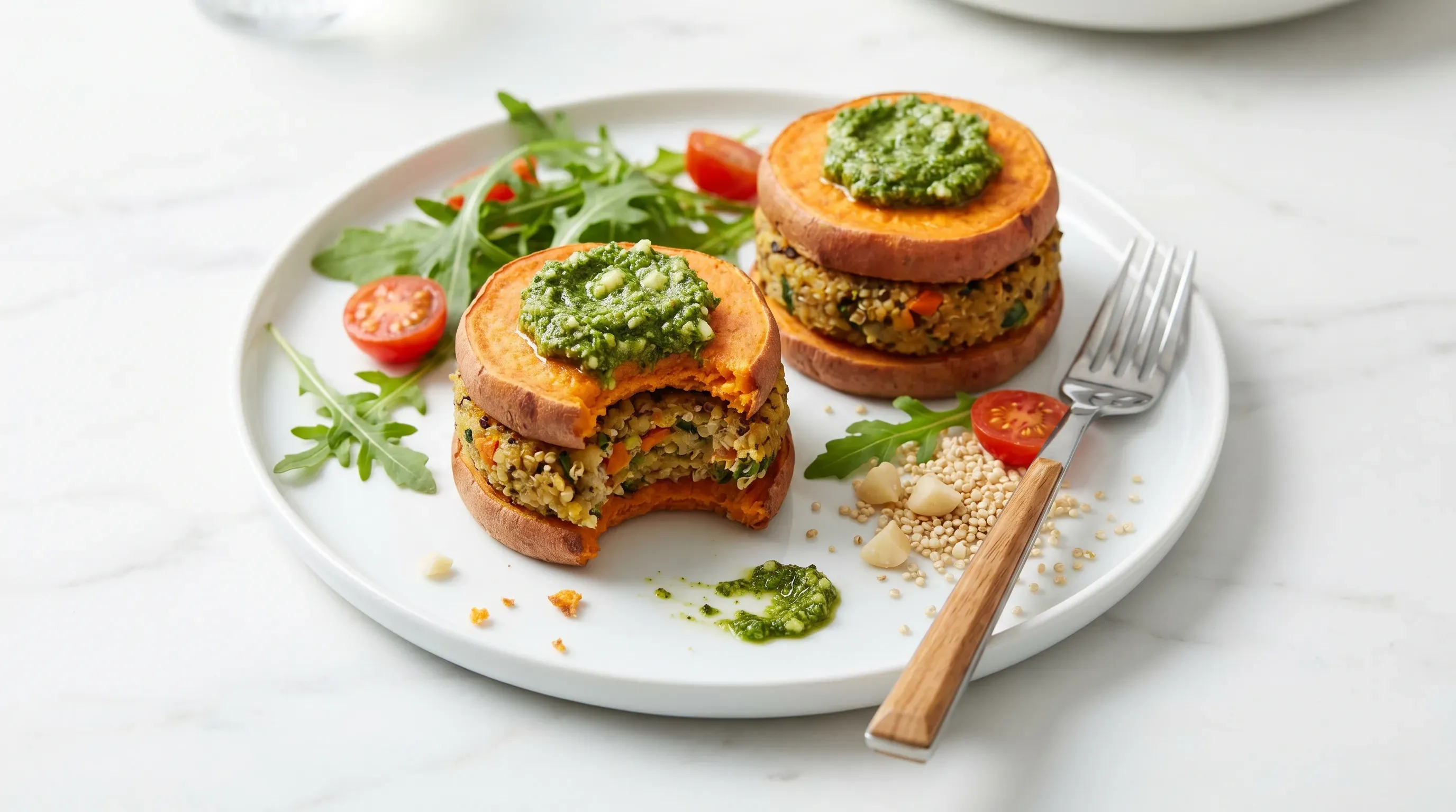Sweet Potato Sliders mit Quinoa und Macadamia-Basilikum-Pesto – histaminarm & glutenfrei & vegan