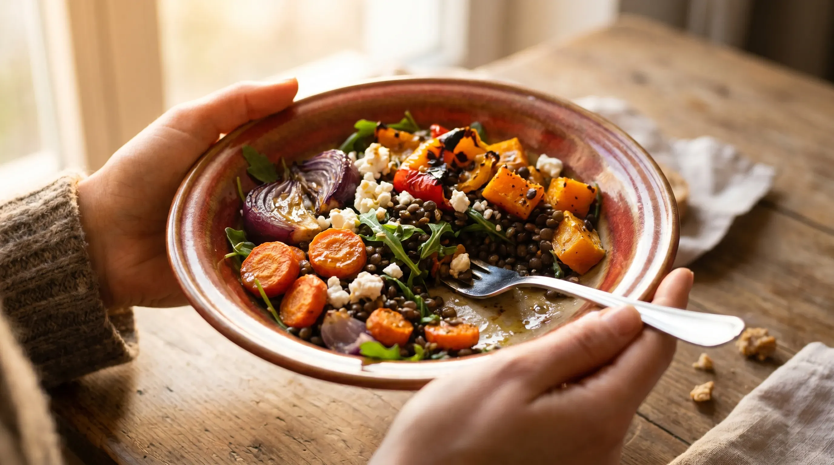 Warmer Linsensalat mit Ofengemüse