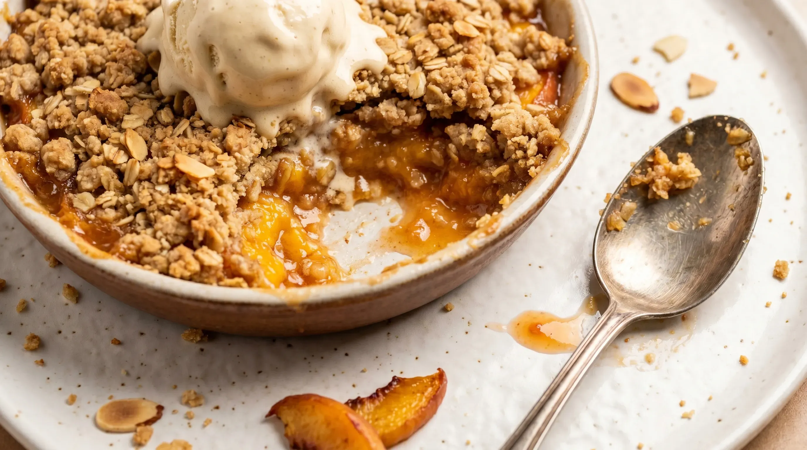 Warmer Pfirsich-Crumble mit Bananeneis