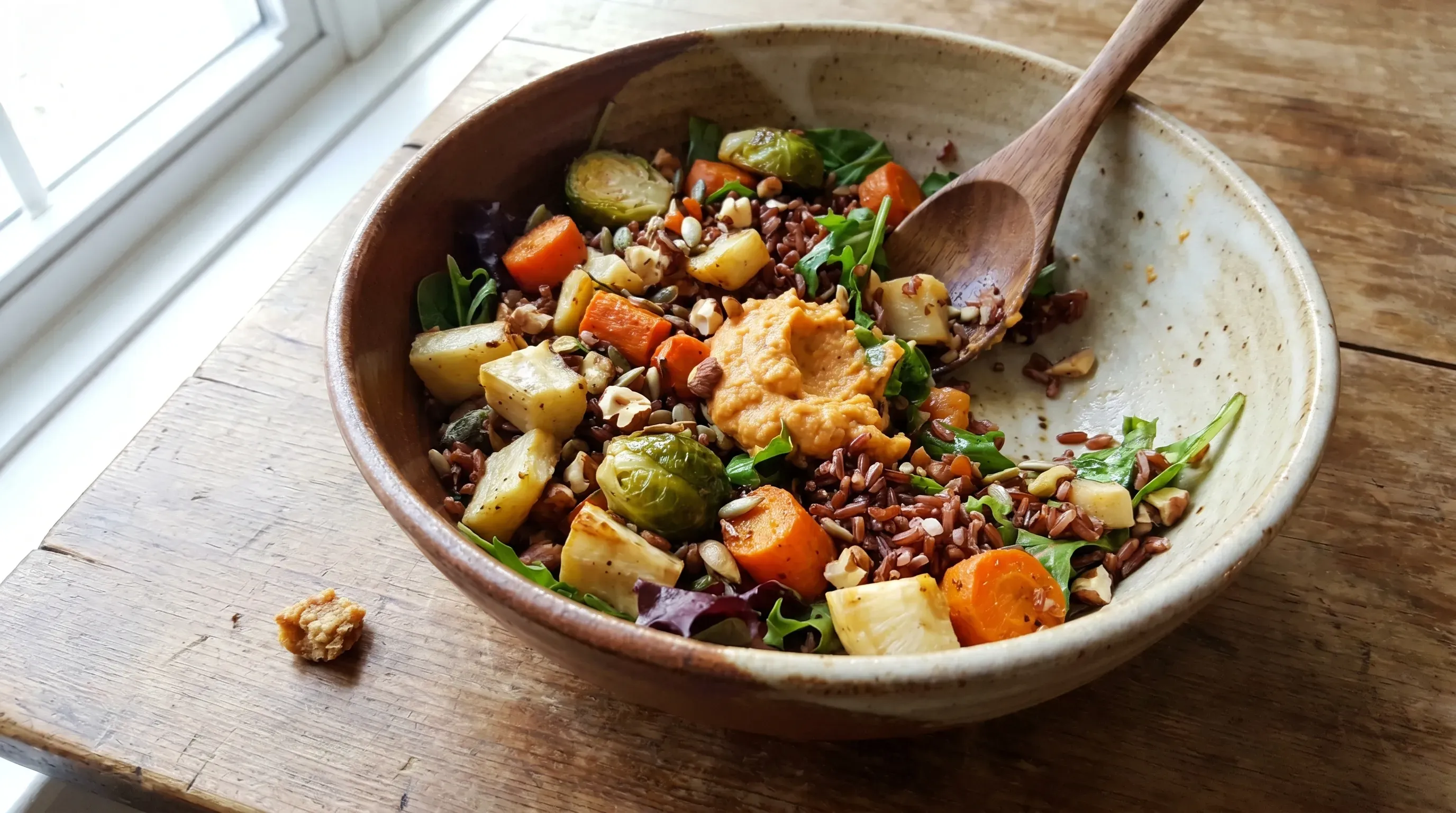 Winterliches Ofengemüse mit Süsskartoffeldip, Salat und rotem Reis