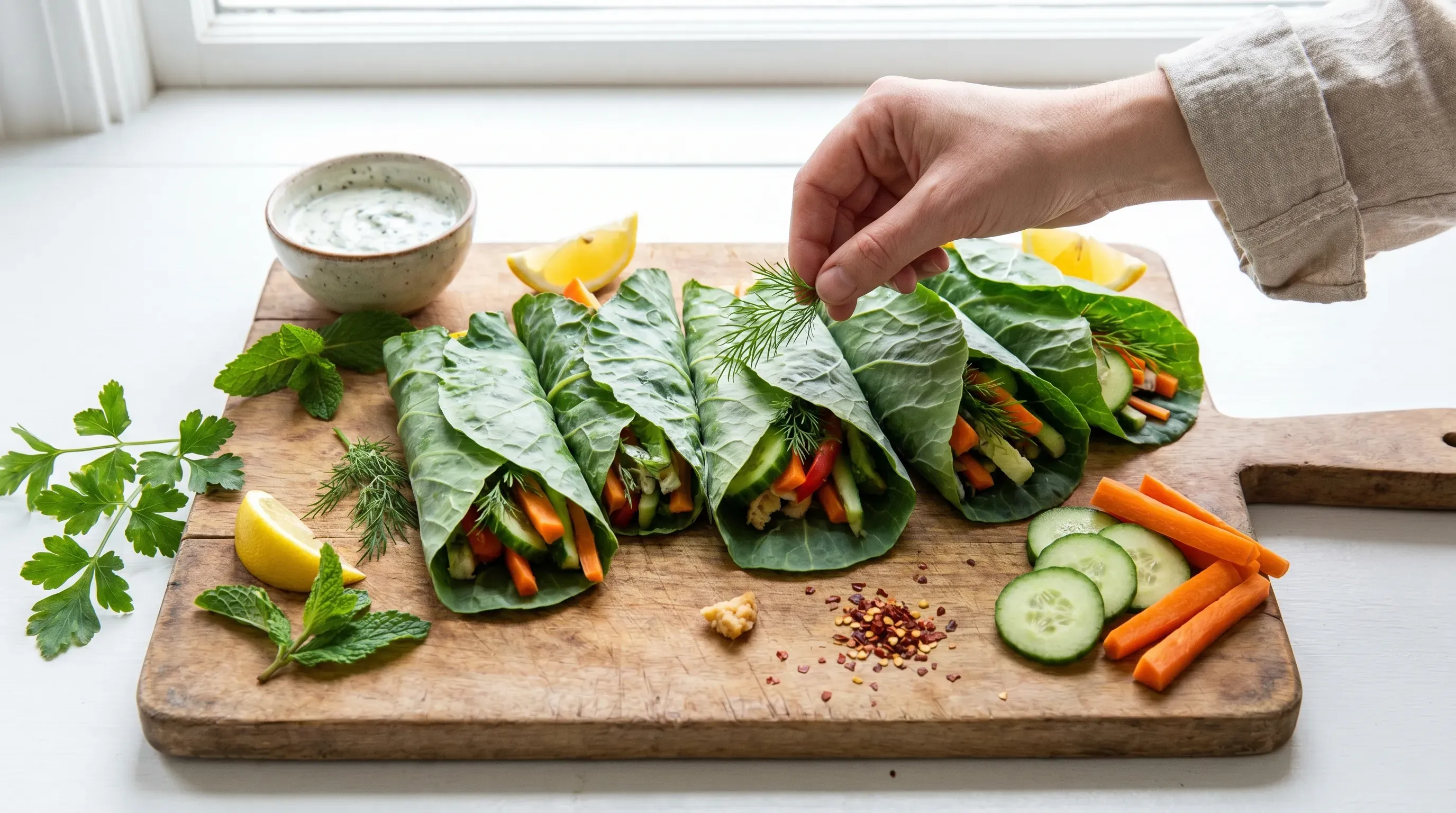Wraps aus blanchierten Blattkohl-Blättern