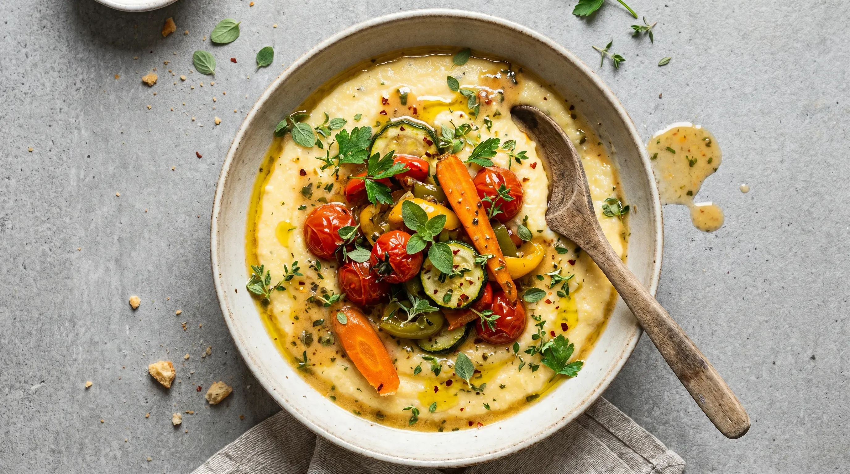Würzige Polenta mit buntem Gemüse, vielen Kräutern und Oregano-Kokosmilch-Sauce