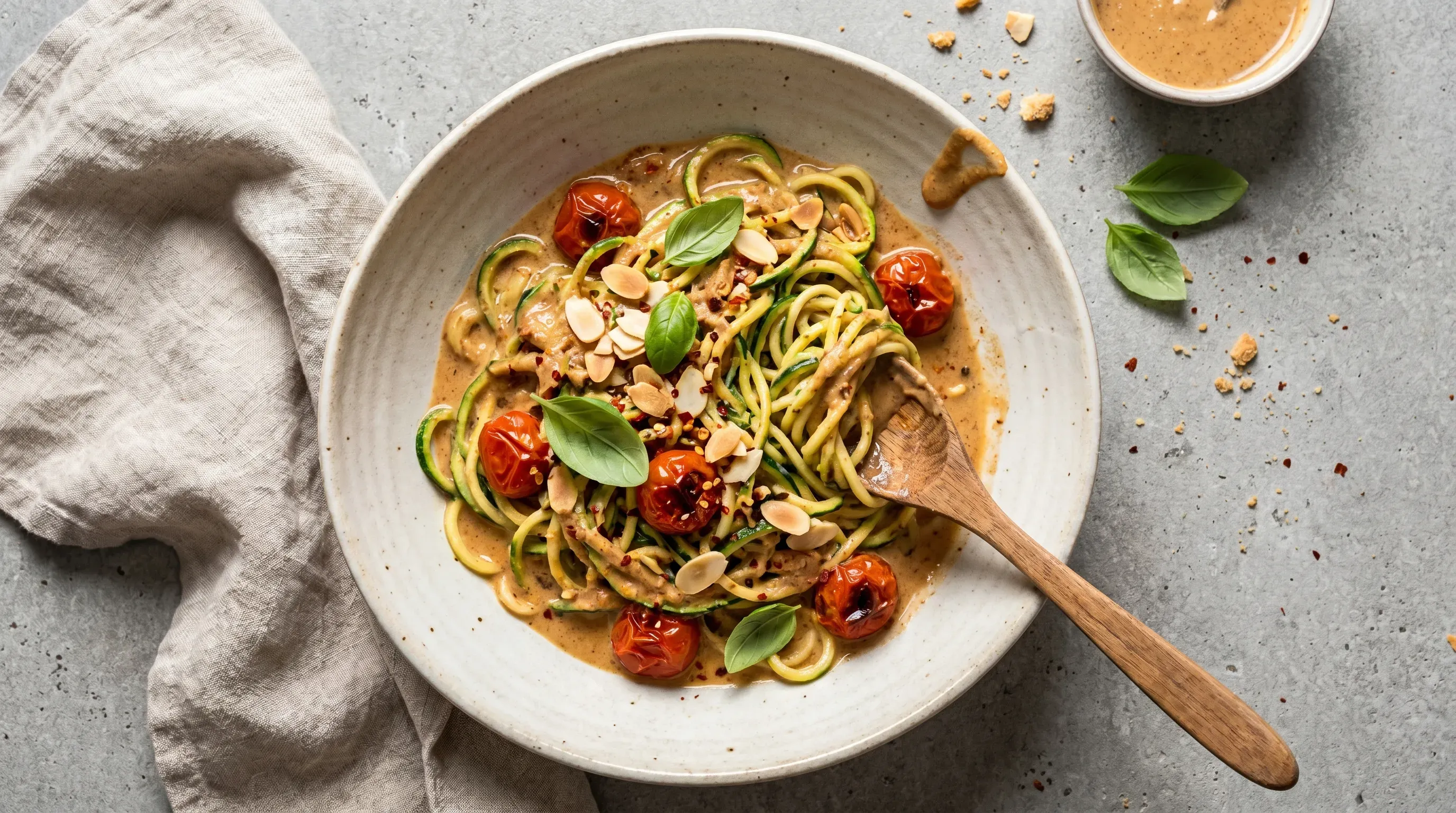 Zucchini-Spaghetti mit Mandelmus-Sauce