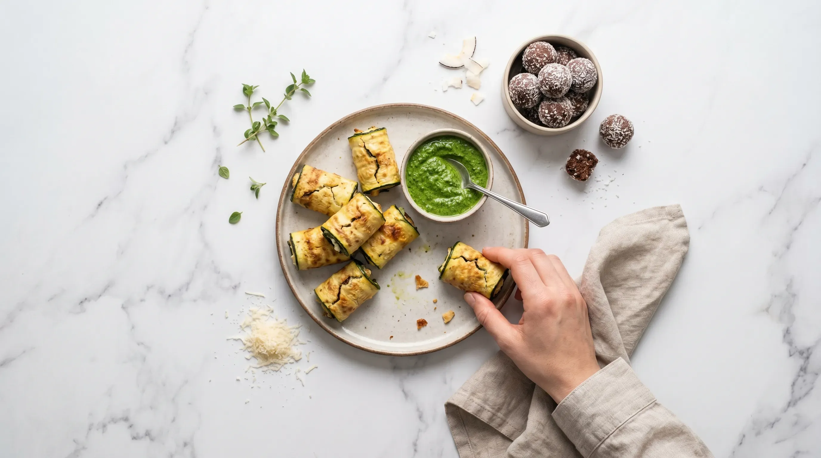 Zucchiniröllchen mit Bärlauch-Dip und Coco Loco Bällchen