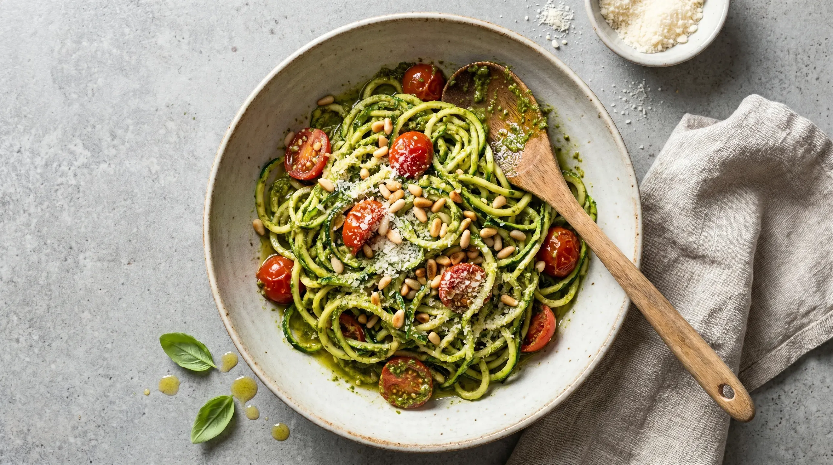 Zucchinispaghetti mit Basilikumpesto