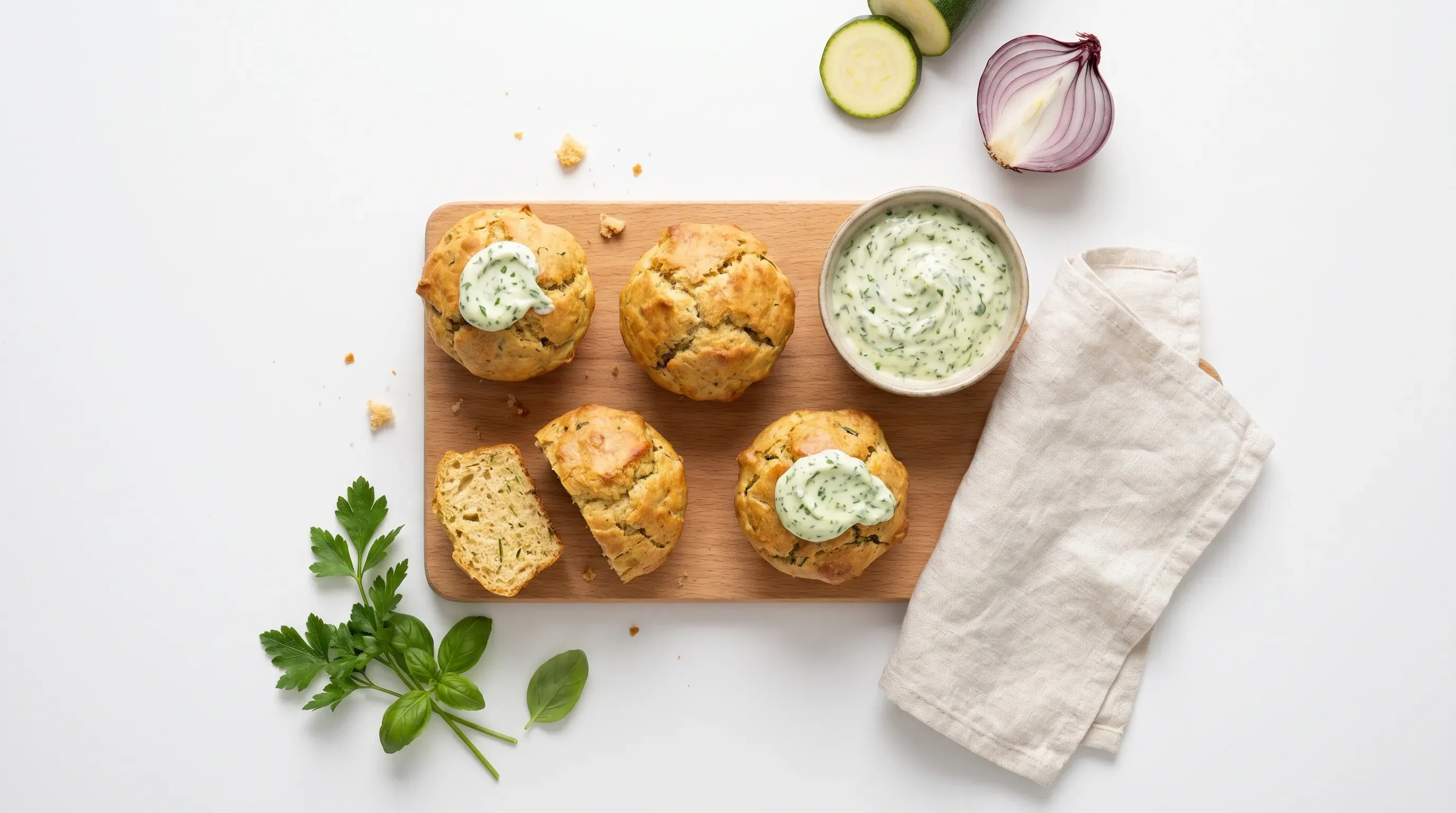 Zwiebel-Zucchini-Muffins mit Petersilie-Basilikum-Creme
